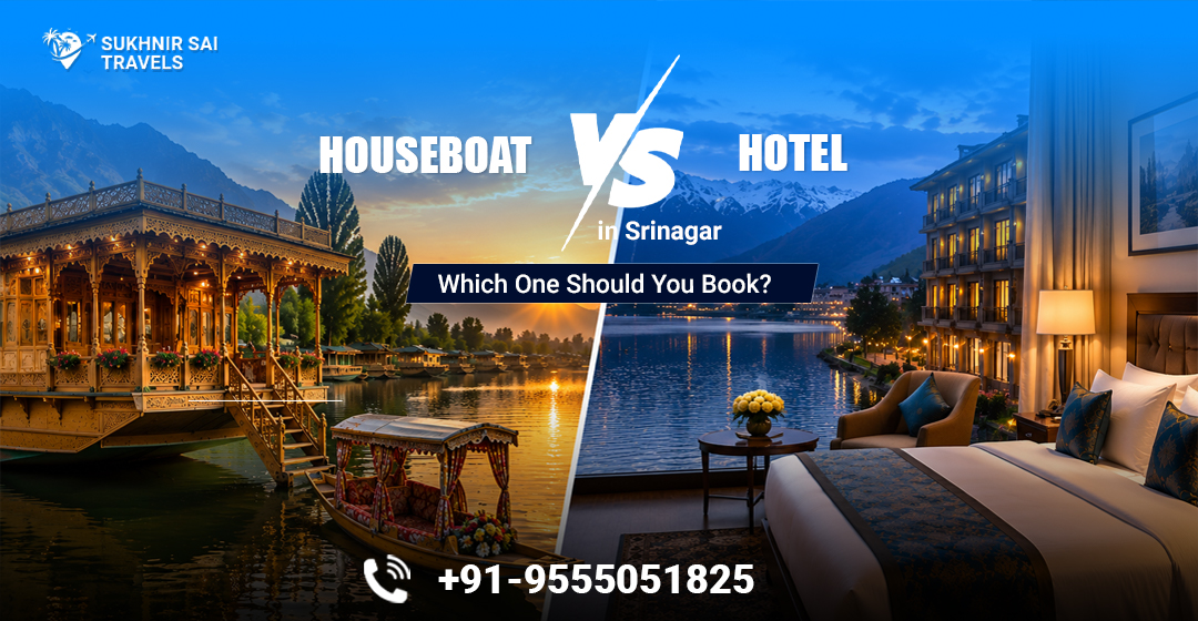 Promotional travel banner comparing a traditional Kashmir houseboat and a luxury hotel stay in Srinagar.